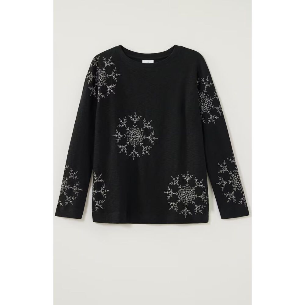 J.Jill Embroidered Snowflake Knit Pullover Top Black XSP